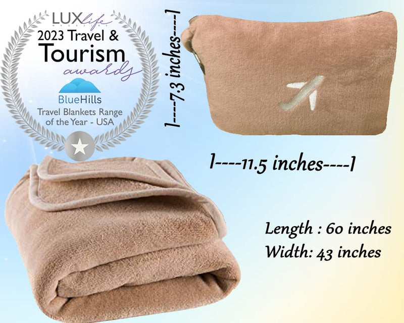 BlueHills 2-Pack Mini Premium Soft Plush Travel Blanket Pillow Mini Soft Case - Beige