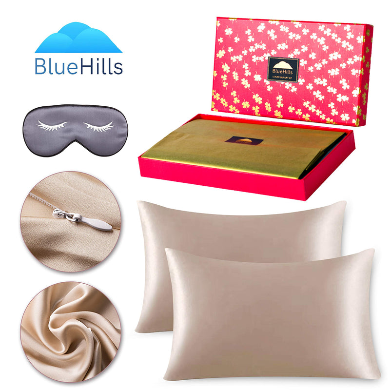 BlueHills 3 Piece Luxury Gift Pure Mulberry Natural Soft Silk Pillowcase Bronze Gold Queen