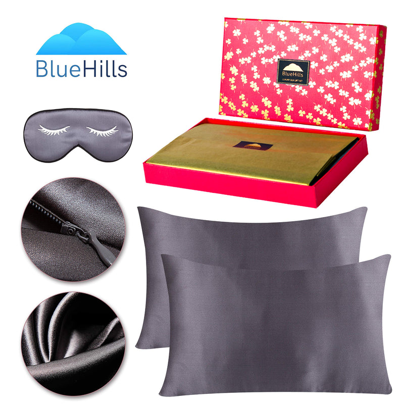 BlueHills 22 Momme Silk Pillowcase 3 piece Gift Set - Dark Grey Queen