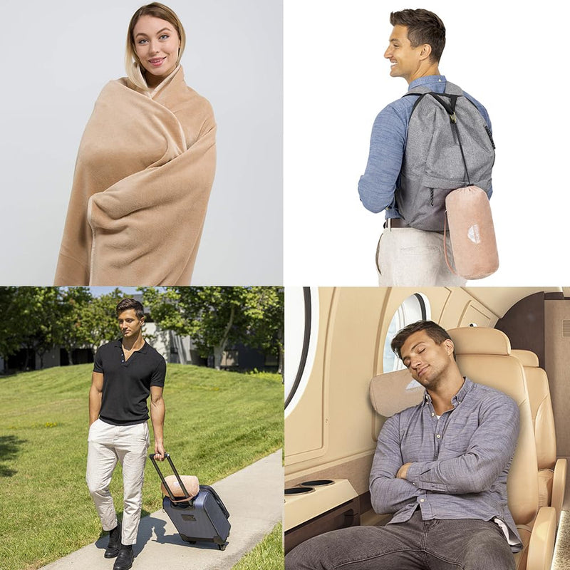 BlueHills Travel Blanket Rolled Premium Soft Plush Airplane - Beige