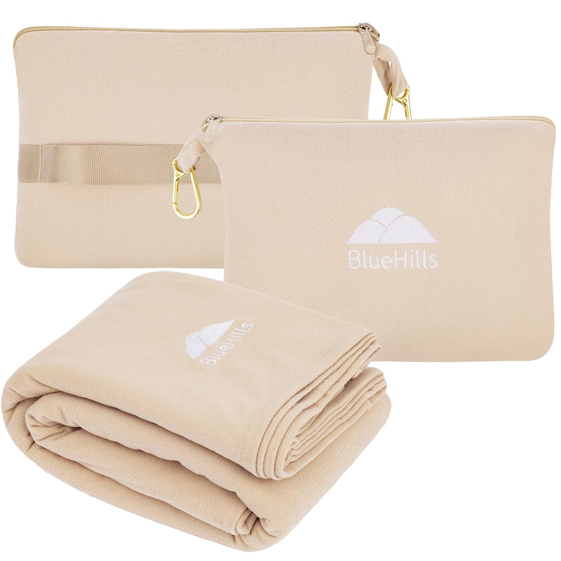 BlueHills Travel Blanket Pillow Compact Lightweight Soft Airplane - Beige