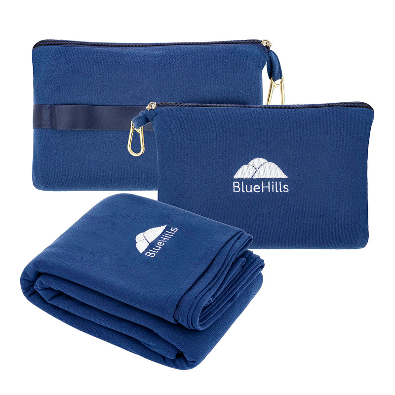 BlueHills Travel Blanket Pillow Compact Lightweight Soft Airplane - Navy Blue
