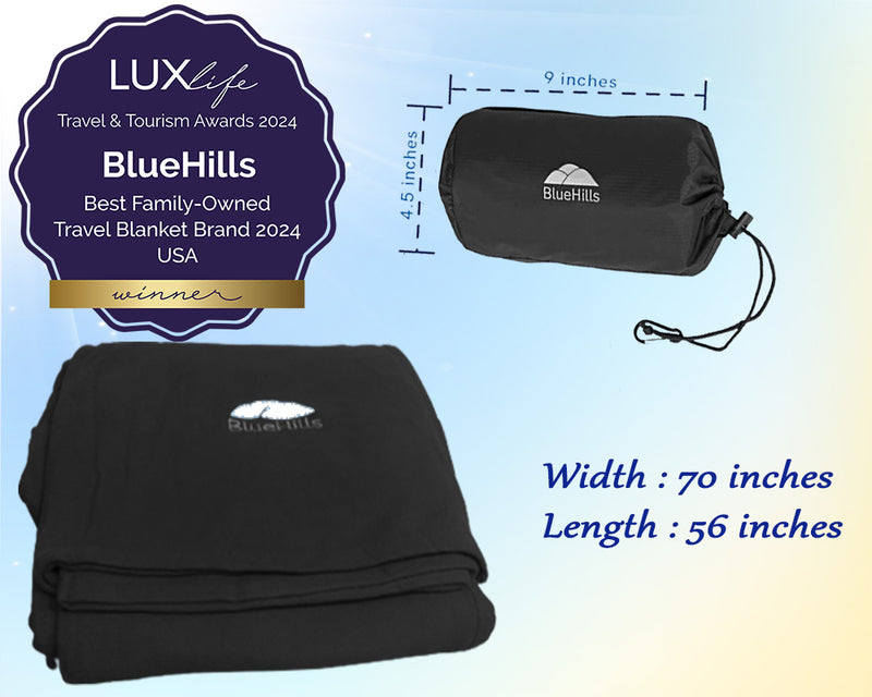 BlueHills Ultra Compact Airplane Travel Blanket - Black