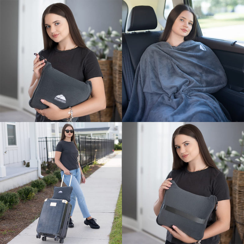 BlueHills Premium Soft Travel Blanket Pillow Airplane 2-Pack -Gray