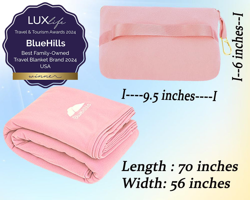 BlueHills Travel Blanket Pillow Compact Lightweight Soft Airplane - Pink