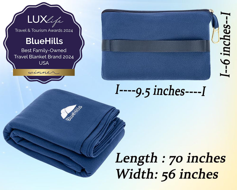 BlueHills Travel Blanket Pillow Compact Lightweight Soft Airplane - Navy Blue