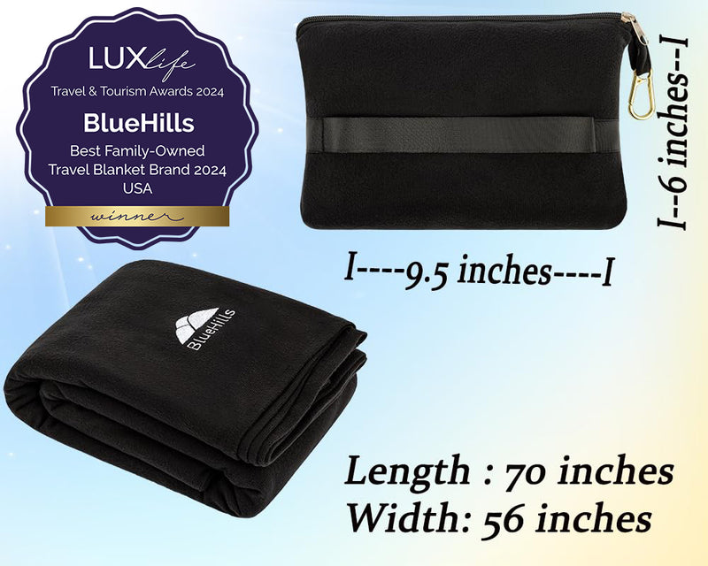 BlueHills Travel Blanket Pillow Compact Lightweight Soft Airplane - Black