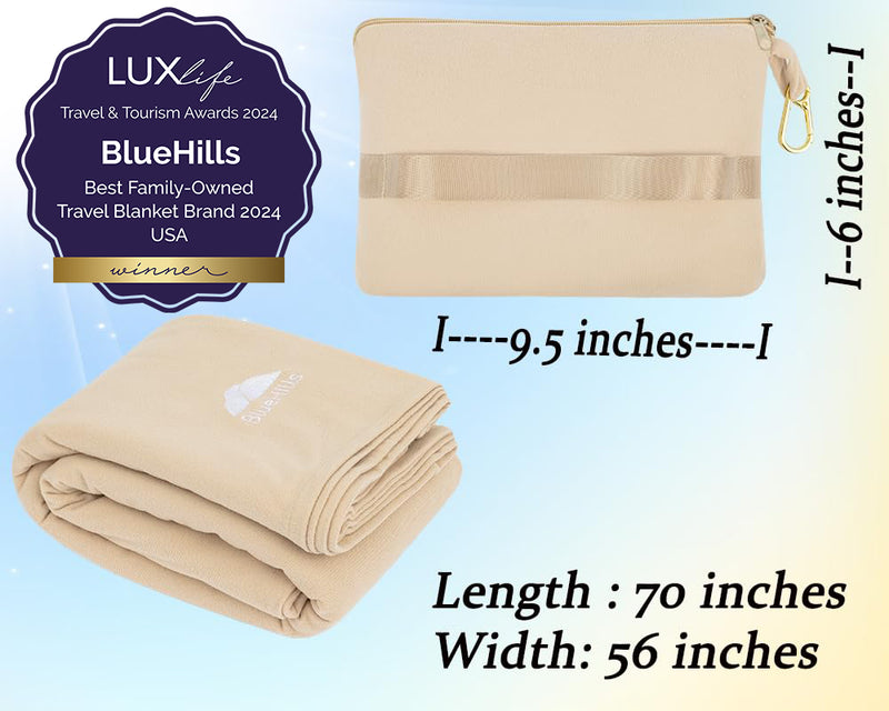 BlueHills Travel Blanket Pillow Compact Lightweight Soft Airplane - Beige