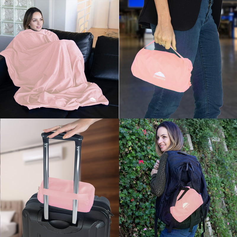 BlueHills Ultra Compact Airplane Travel Blanket 2 Pack – Pink