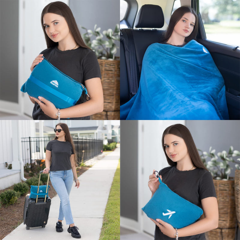 BlueHills Premium Soft Travel Blanket Pillow Airplane Mini - Teal Blue