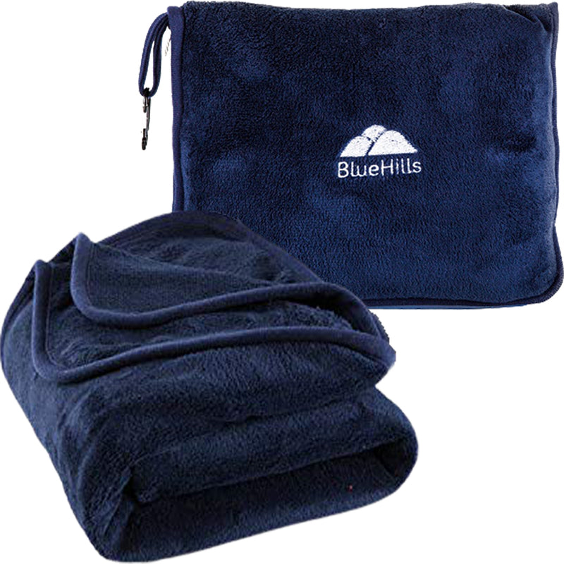 BlueHills Premium Soft Long Travel Blanket Pillow Airplane - Navy Blue