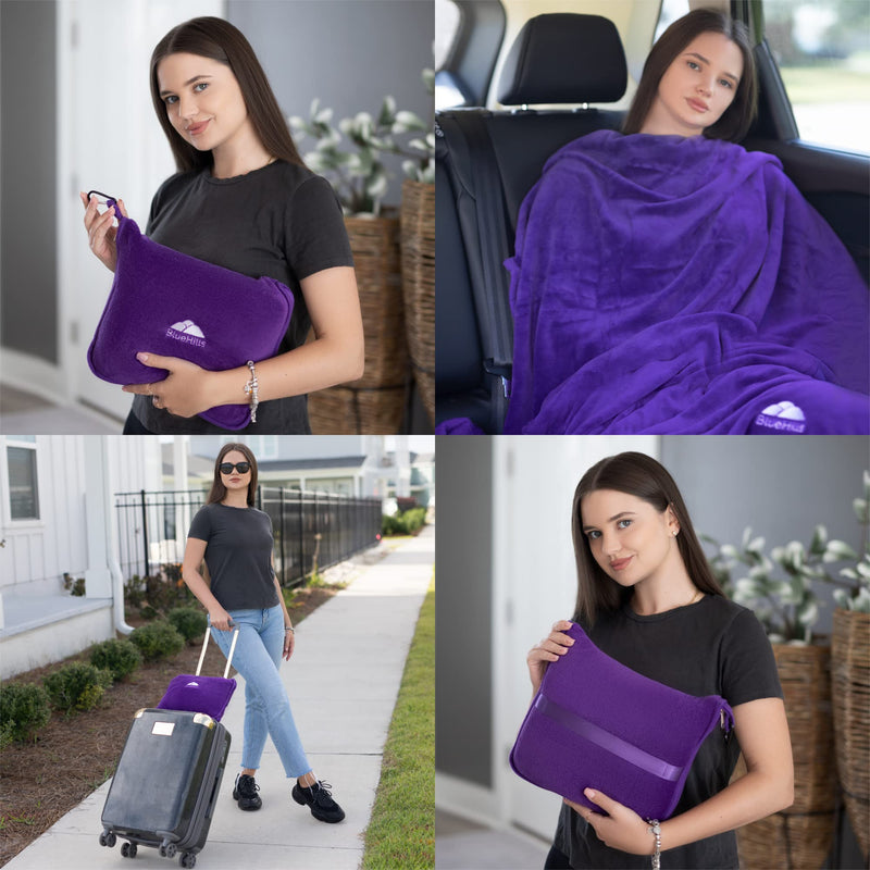BlueHills Premium Soft Travel Blanket Pillow for Airplane Car - Purple