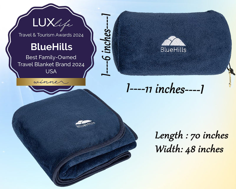 BlueHills Travel Blanket Rolled Premium Soft Plush Airplane - Navy Blue