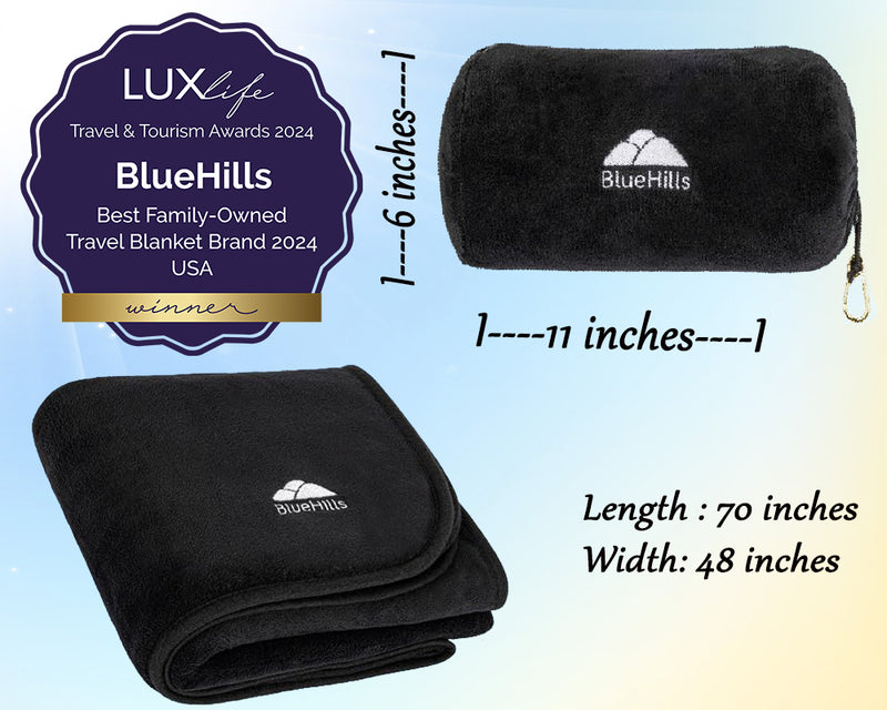 BlueHills Travel Blanket Rolled Premium Soft Plush Airplane - Black