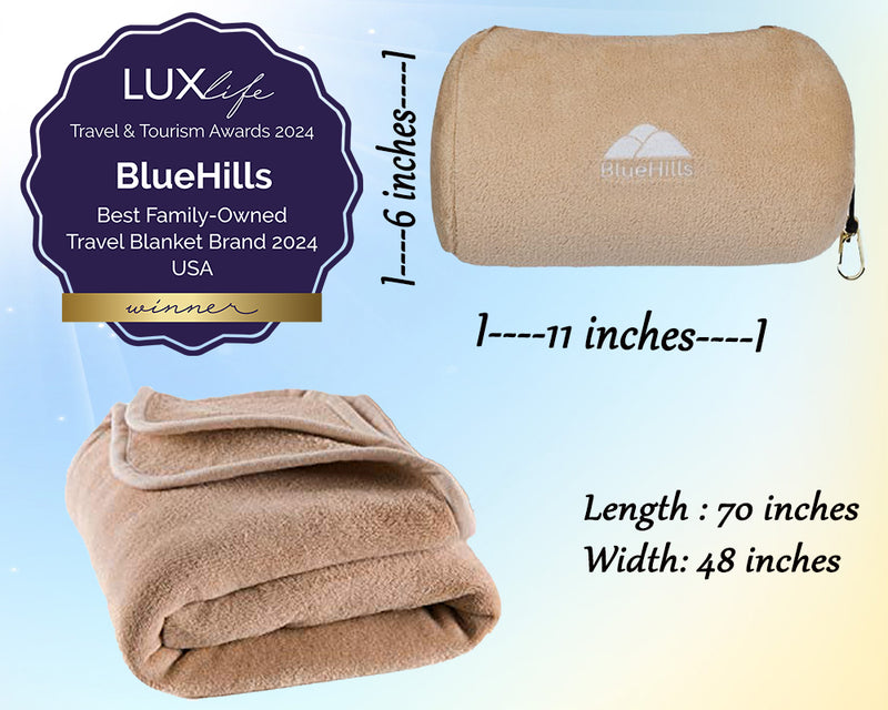 BlueHills Travel Blanket Rolled Premium Soft Plush Airplane - Beige