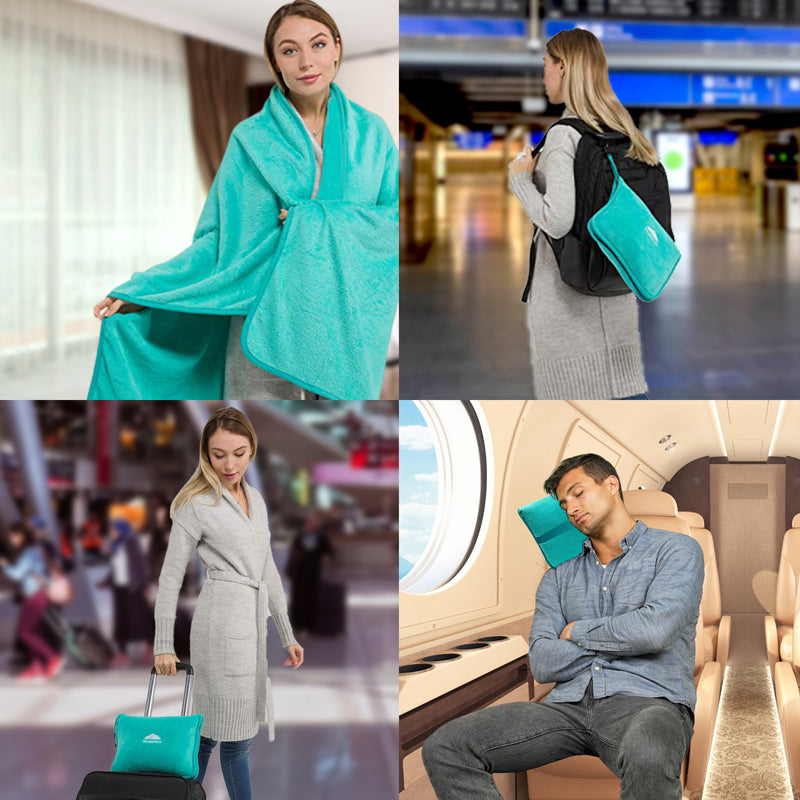 BlueHills Premium Soft Travel Blanket Pillow Airplane 2-Pack -Teal Green