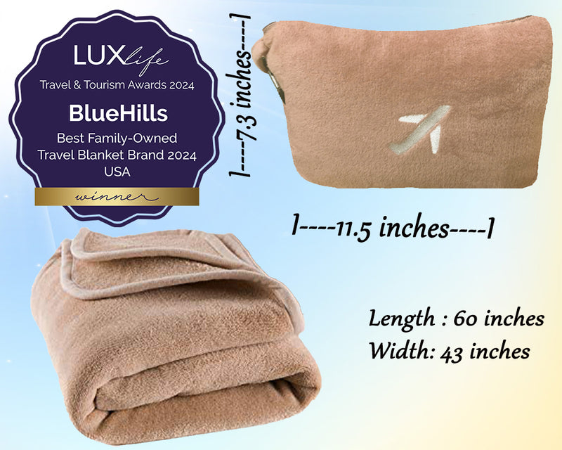 BlueHills 2-Pack Mini Premium Soft Plush Travel Blanket Pillow Mini Soft Case - Beige