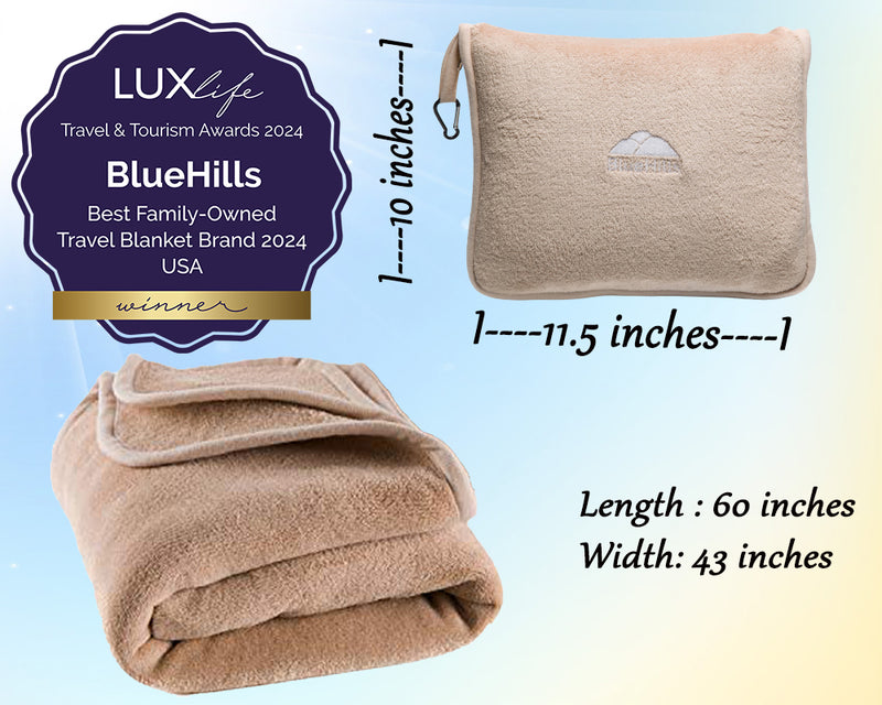 BlueHills Premium Soft Travel Blanket Pillow Airplane 2-Pack - Beige