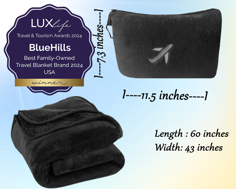 BlueHills Premium Soft Travel Blanket Pillow Airplane Mini - Black