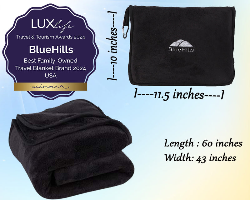 BlueHills Premium Soft Travel Blanket Pillow Airplane Blanket Black