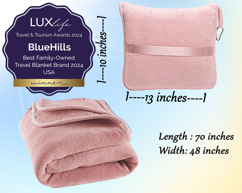 BlueHills Premium Soft Long Travel Blanket Pillow Airplane - Pink