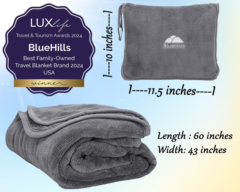 BlueHills Premium Soft Travel Blanket Pillow Airplane 2-Pack -Gray