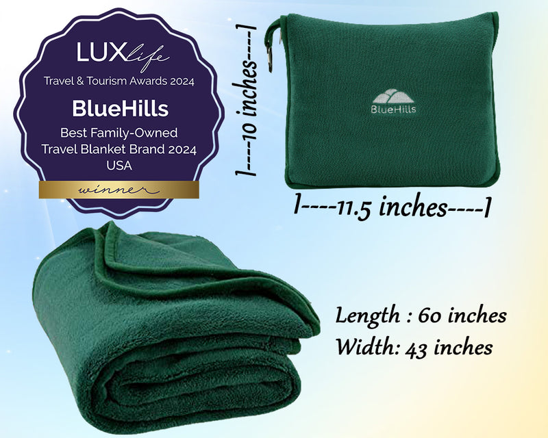 BlueHills Premium Soft Travel Blanket Pillow Airplane - Dark Green