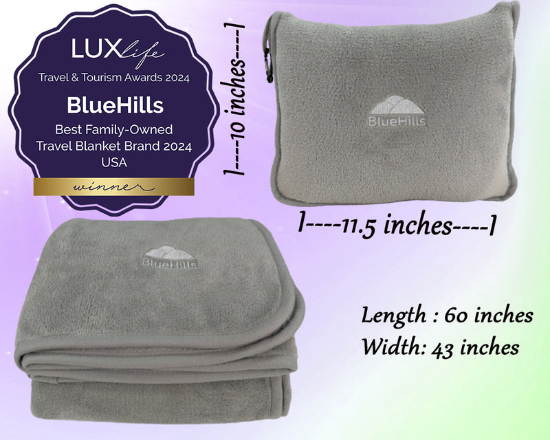 BlueHills Premium Soft Travel Blanket Pillow Airplane - Light Gray