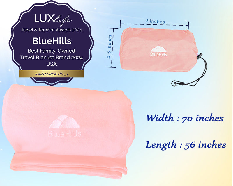 BlueHills Ultra Compact Airplane Travel Blanket - Pink