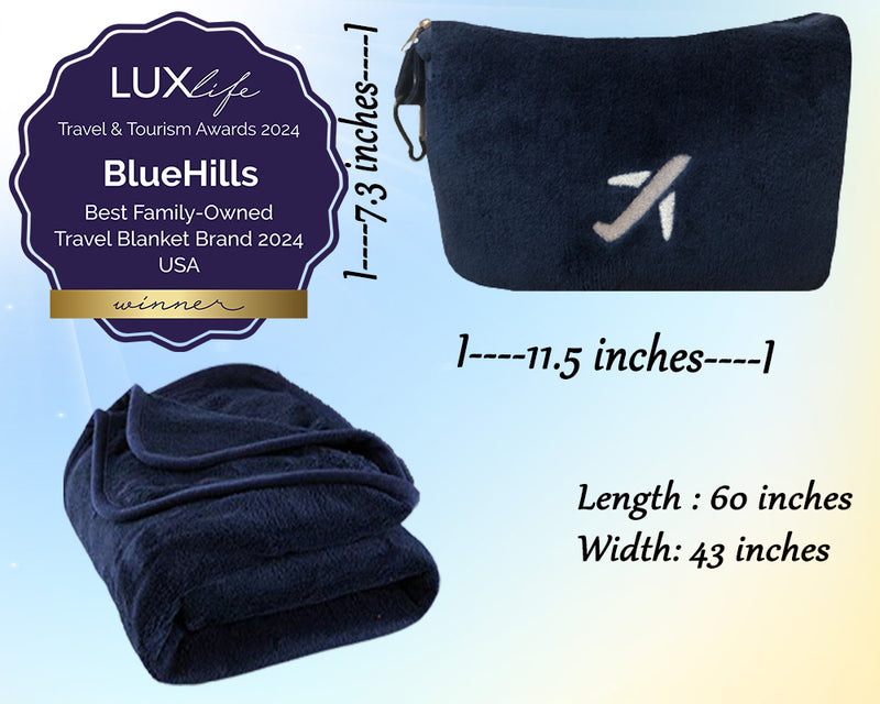 BlueHills Premium Soft Travel Blanket Pillow Airplane Mini - Navy Blue