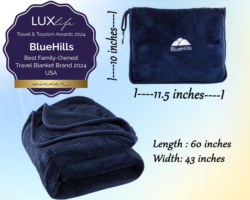 BlueHills Premium Soft Travel Blanket Pillow Airplane - Navy Blue