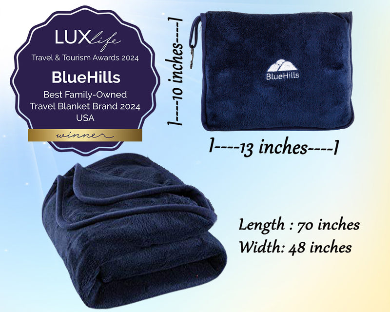 BlueHills Premium Soft Long Travel Blanket Pillow Airplane - Navy Blue