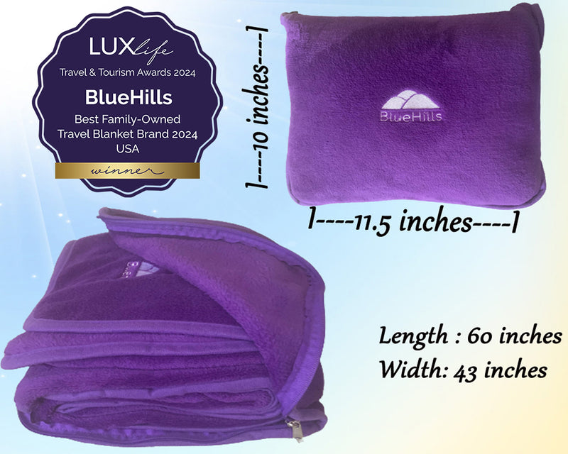 BlueHills Premium Soft Travel Blanket Pillow for Airplane Car - Purple