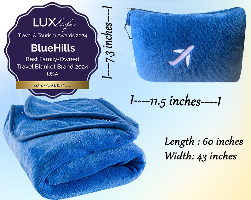 BlueHills Premium Travel Blanket Pillow Airplane Mini - Royal Blue