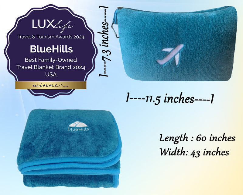 BlueHills Premium Soft Travel Blanket Pillow Airplane Mini - Teal Blue