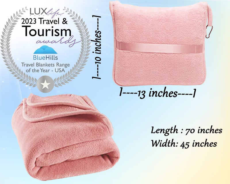 BlueHills Premium Soft Long Travel Blanket Pillow Airplane - Pink