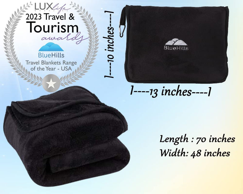 BlueHills Premium Soft Long Travel Blanket Pillow Airplane - Black