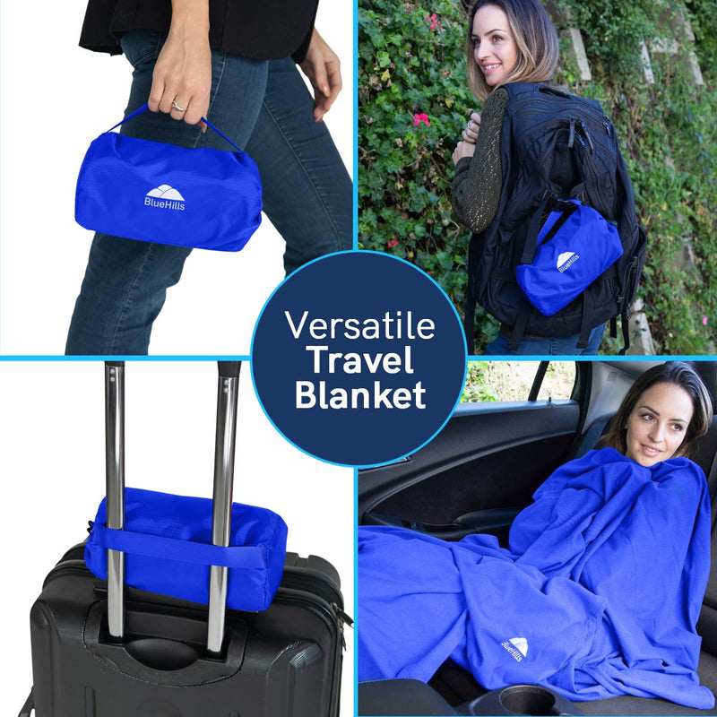 BlueHills Ultra Compact Airplane Cozy Travel Blanket 2 Pack – Royal Blue