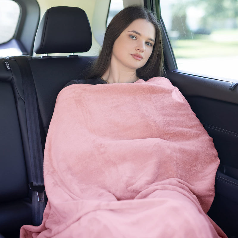 BlueHills Premium Soft Long Travel Blanket Pillow Airplane - Pink