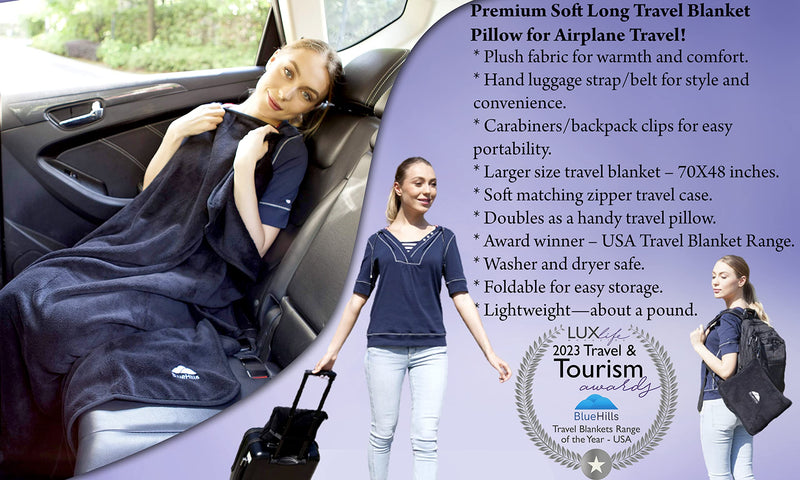 BlueHills Premium Soft Long Travel Blanket Pillow Airplane - Black