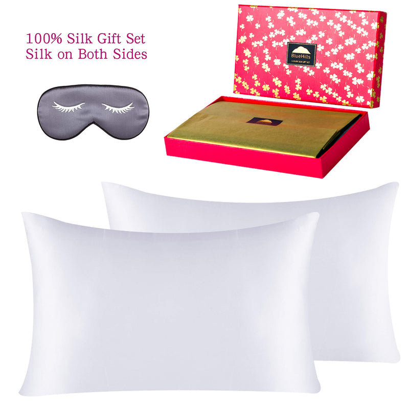 BlueHills 3 Piece Luxury Gift Pure Mulberry Natural Soft Silk Pillowcase - Queen White
