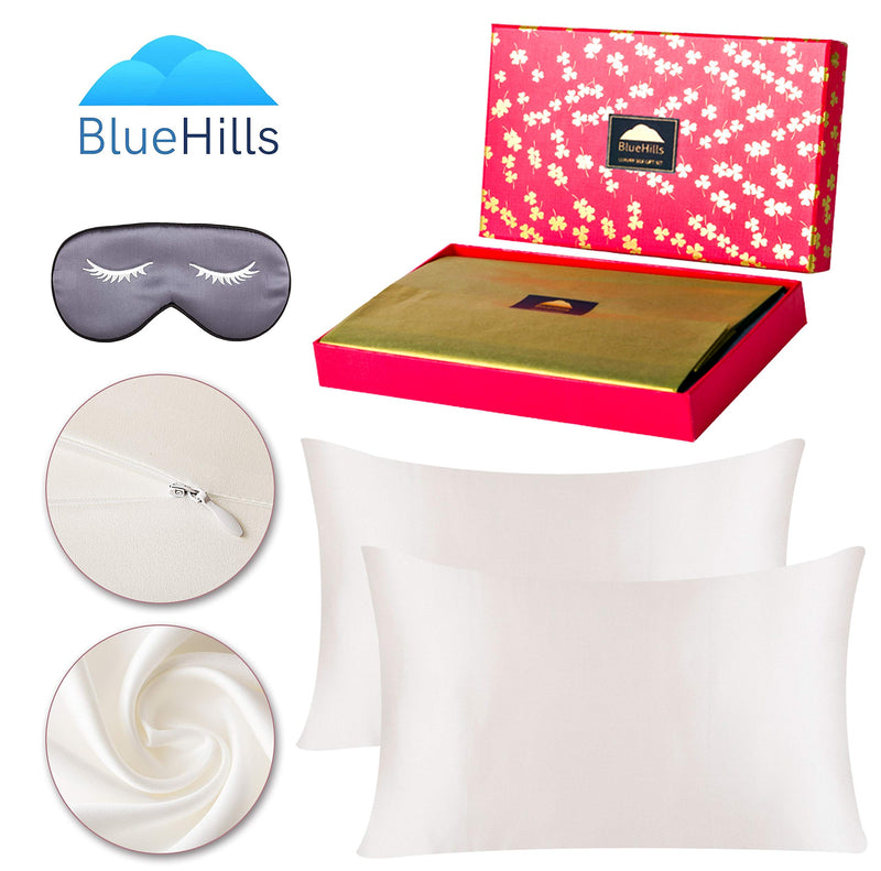 BlueHills 3 Piece Luxury Gift Pure Mulberry Soft Silk Pillowcase - King Ivory White