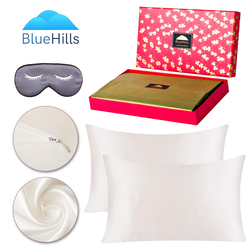 BlueHills 3 Piece Luxury Gift Pure Mulberry Soft Silk Pillowcase Ivory White