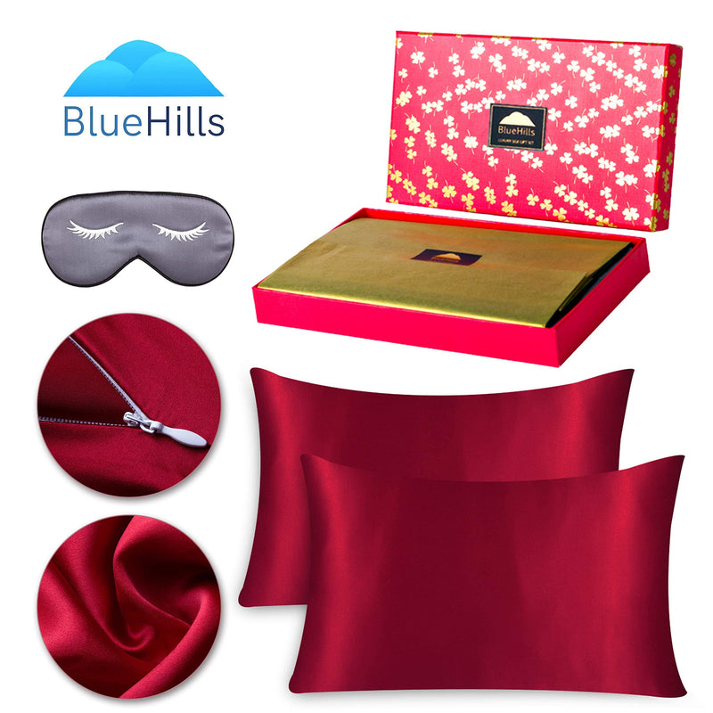BlueHills 3 Piece Luxury Gift Pure Mulberry Soft Silk Pillowcase - King Red