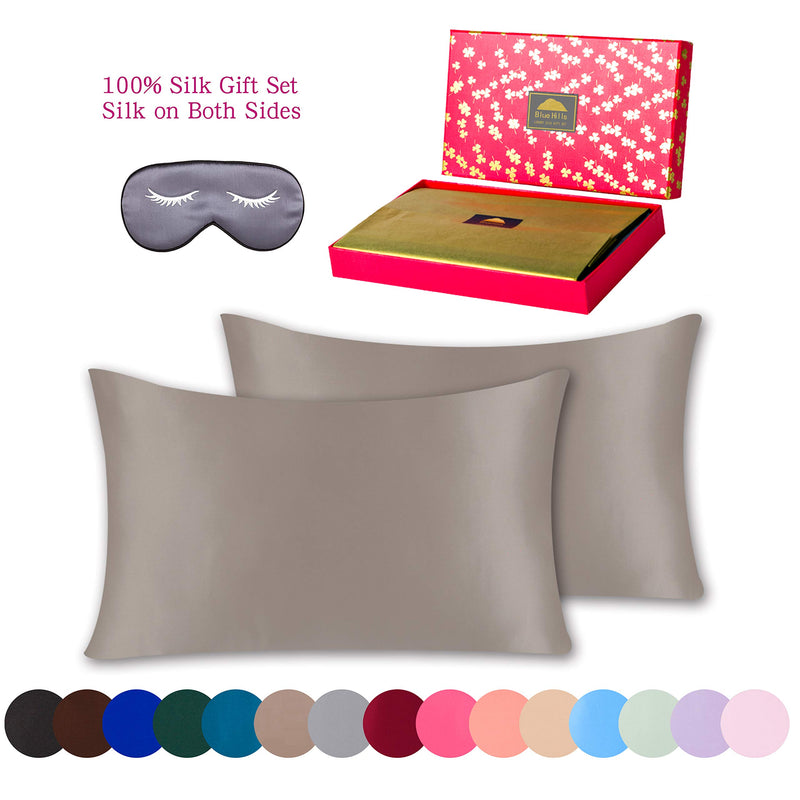 Pure Mulberry Silk pillowcases 2 pack and eye mask gift set Standard Taupe