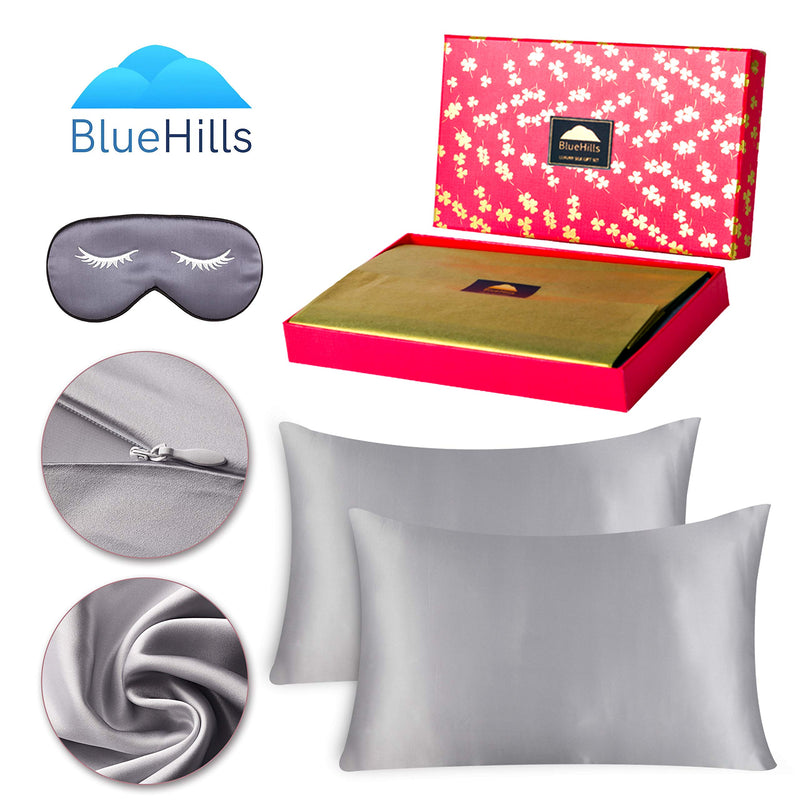 BlueHills 22 Momme Pure Mulberry Natural  Silk Pillowcase 3 pc Gift Set -King  Silver Grey